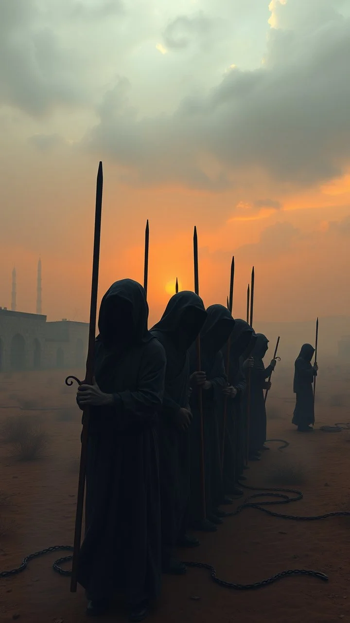 Bosch painting style nightmare , 3D ,a group of prisoners slave in black tied together in line in a dramatic misty scene of the sunset time in a stormy weather in the desert background, high Quality picture , 8k