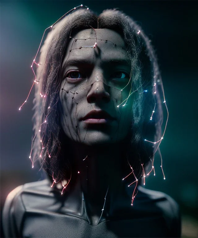 Ultra realistic photographic night portrait, cinematic, naked, long hair <latin woman> <hanging wires> many wires coming out of the head <perfect pupil> <cyborg> <garage> <wide angle Shot> <sci-fi futuristic> <thriller>, fog, soft color, highly detailed, unreal engine 5, ray tracing, RTX, lumen lighting, ultra detail, volumetric lighting, high definition.