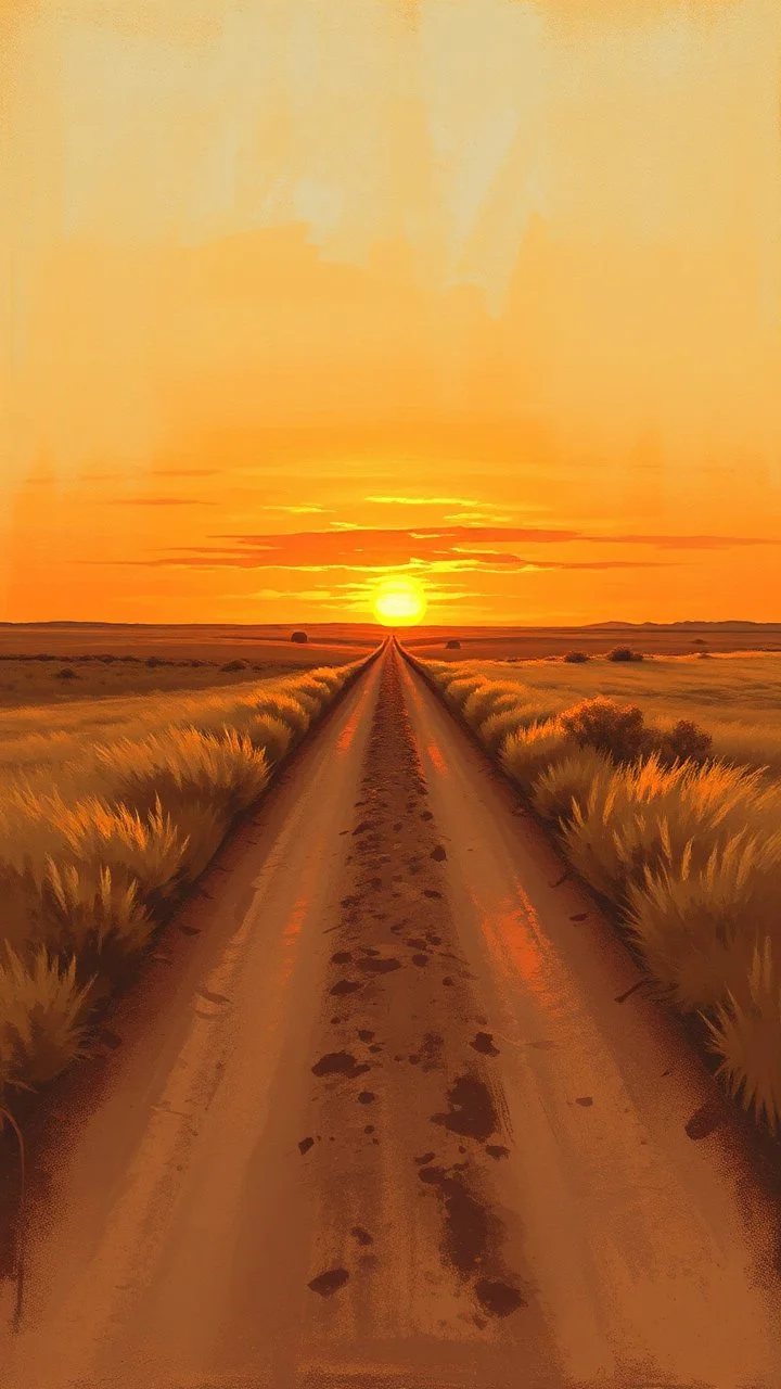 dusty dirt path with sunset in the prairies, old western, painting based on grainy photo, horizon at 1/3 from bottom, orange brown tones
