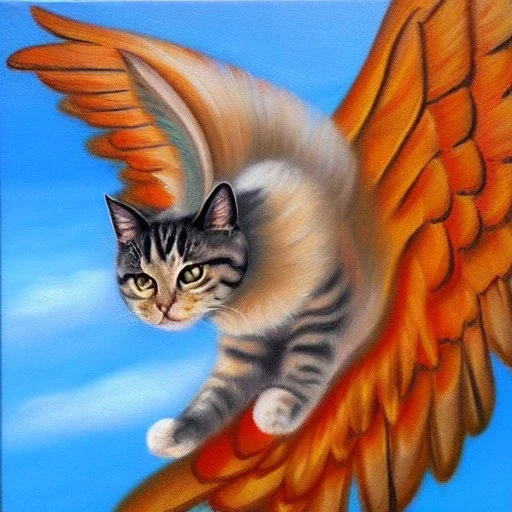 A flying cat with wings. Oil painting.