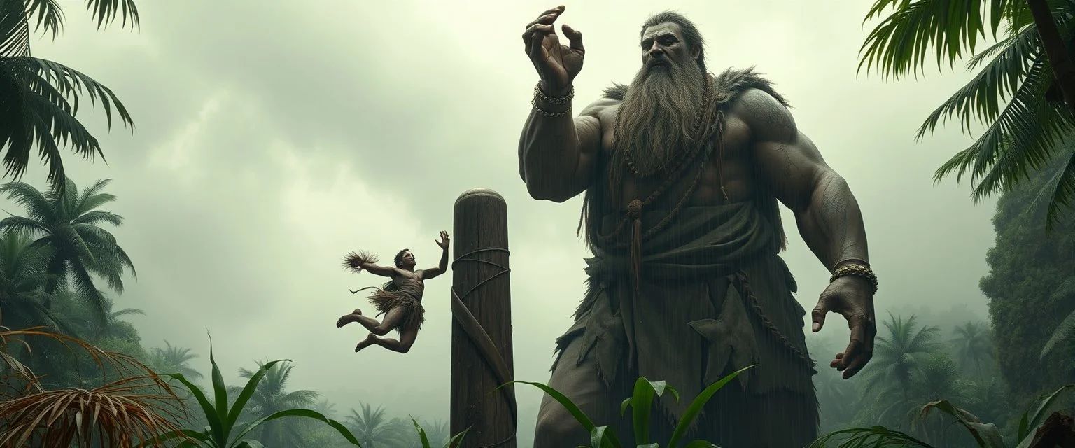 we see an enourmous giant man with ancient clothing. storm giant in wet jungle, throwing a terrified native man into a pillar
