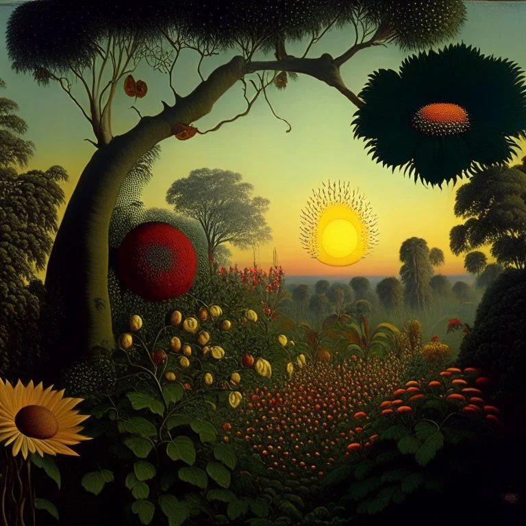 High definition photography of a marvelous landscape, trees, flowers, giant sun, intricate, Audubon, atmosphere of a Max Ernst painting, Henri Rousseau, thoughtful, interesting, a bit appalling, smooth