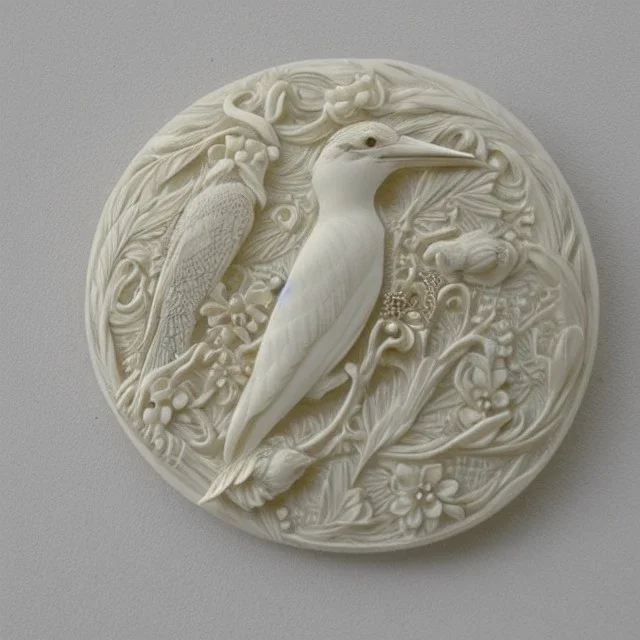 ivory brooch of a kingfisher, decorative design, classical ornament, highly ornate, highly intricate, highly detailed etching, marble carving