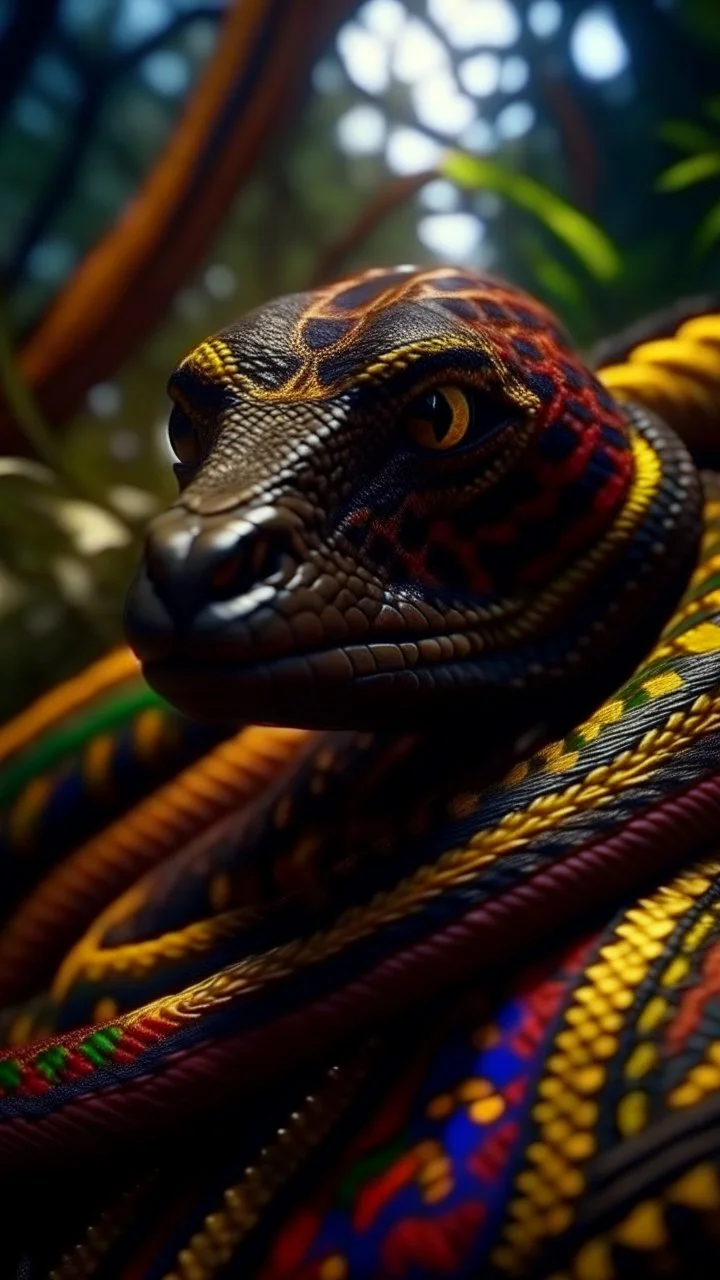 close up portrait of a happy blessed boa buffalo soldier woven into a sacred geometry knitted tapestry hammock over an ant hill in the middle of lush magic jungle forest, bokeh like f/0.8, tilt-shift lens 8k, high detail, smooth render, down-light, unreal engine, prize winning