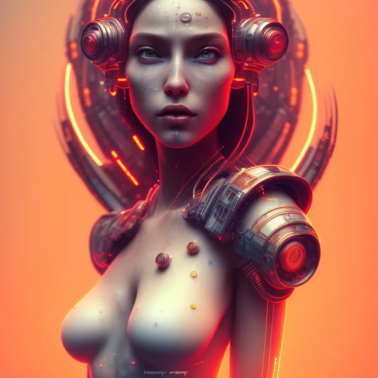 A beautiful portrait of a cute cyberpunk woman happy, grain on the skin, tribal tatoos, orange color scheme, high key lighting, volumetric light high details with white stripes and feathers full length clean art NFT, soft lighting, soft pastel gradients, high definition, blender 3d cinematic, op art, visionary art, sacred geometry, fractal, white balanced