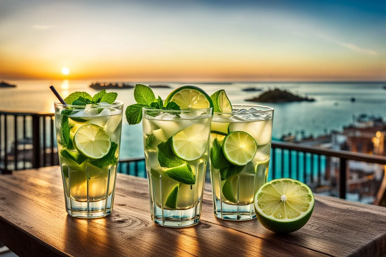 Two glasses of a mohito coctail beverage with lime are on a dining table on the balcony, overlooking a beautiful sea waterfront view. sunset, warm lights, harmonic calm mood, highly detailed, high contrast, perfect lights, masterpiece