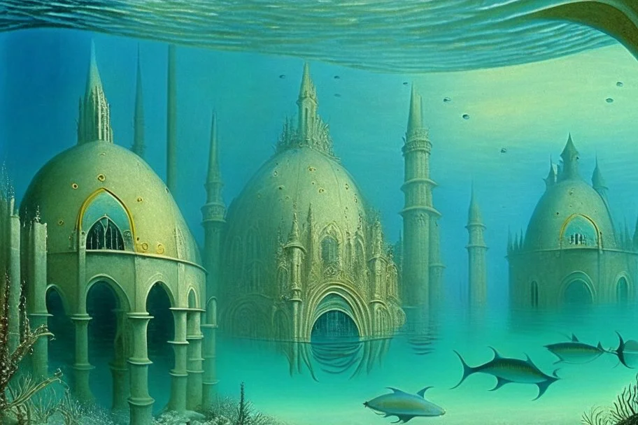 An underwater city with arches and domes by artists "Leonora Carrington" "Leonardo da Vinci" and "Beatrix Potter"