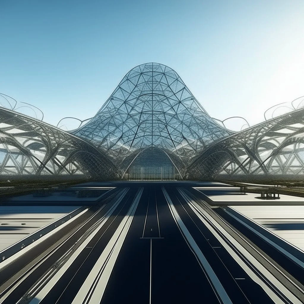 perspective of the symmetrical exterior view of an ant-shaped airport, spectacular, shocking, ultra quality, maximalist, 8k 3D