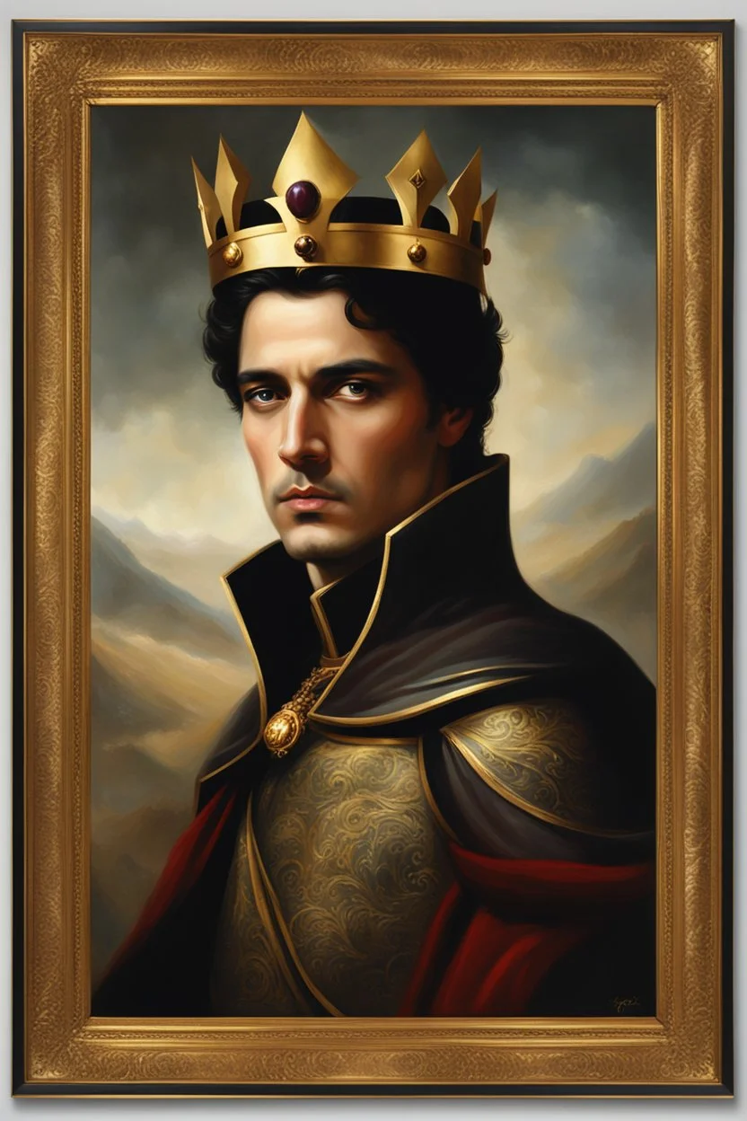 Gold framed painted portrait of a dark haired king with dark eyes, fantasy