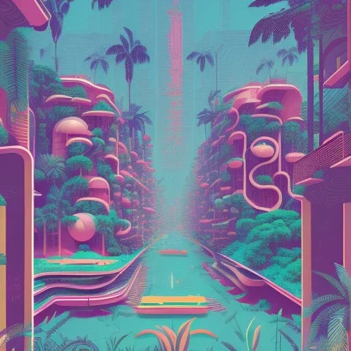 tropical city, latino, plants, streets, risograph, flat design, 2 colors