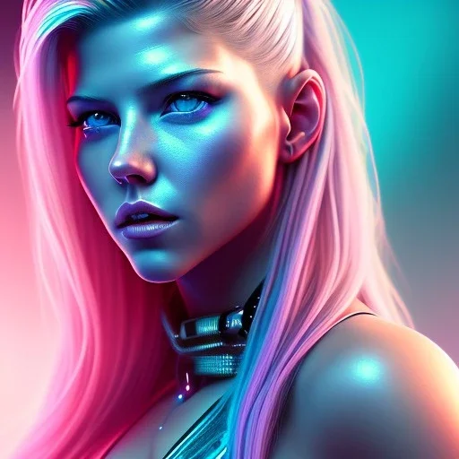 Katheryn Winnick, hyper realistic, cyberpunk style, shaved hair, gradient color, BLUE, PINK, CYAN, neon, insanely detailed, 16k resolution, perfect eyes, cinematic smooth, intricate detail