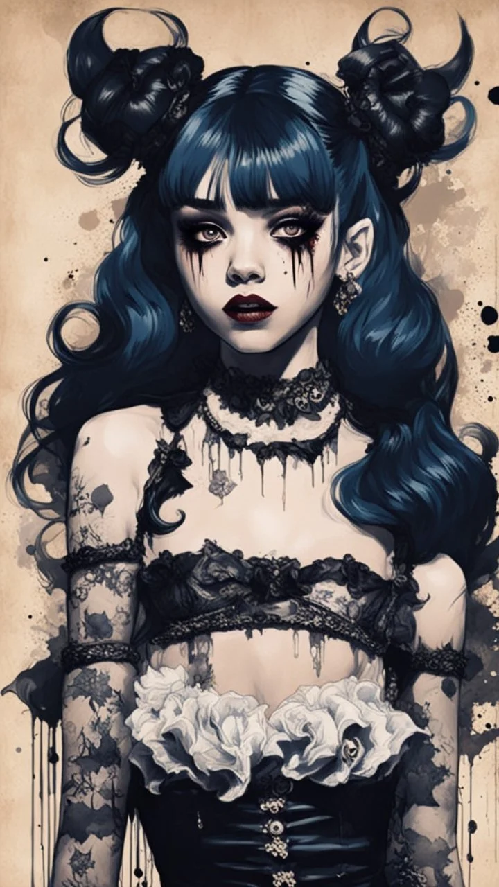 Poster in two gradually, a one side malevolent goth vampire girl face and other side the Singer Melanie Martinez face, full body, painting by Yoji Shinkawa, darkblue and sepia tones,