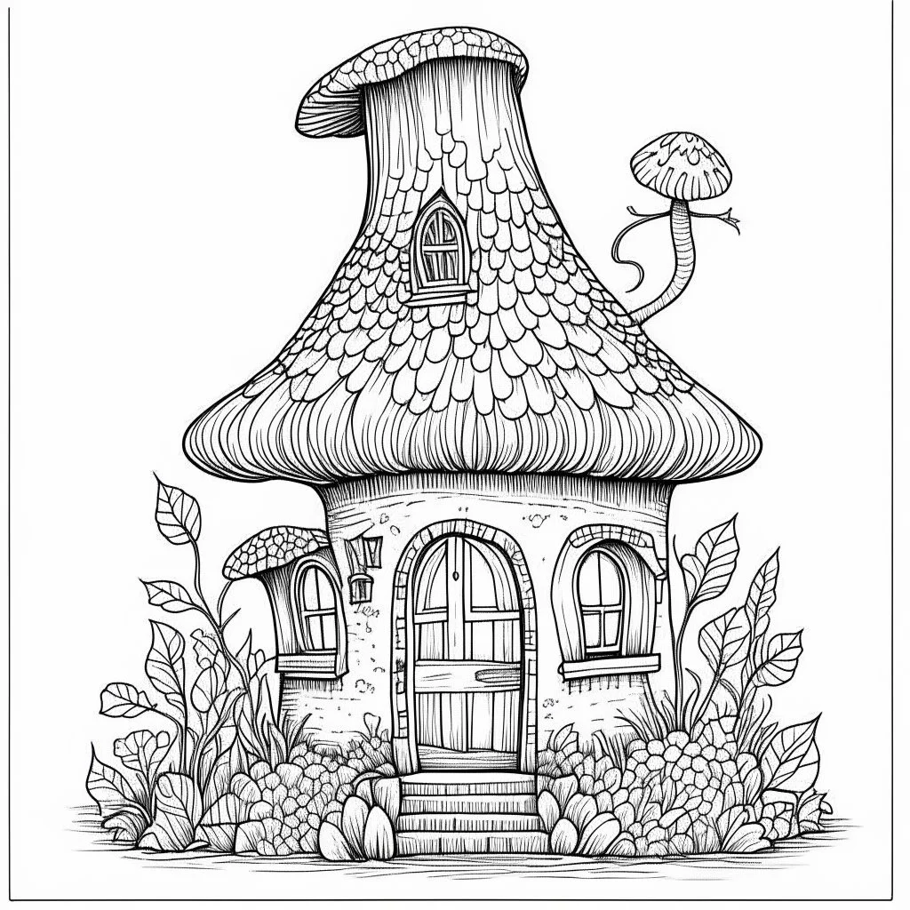 A fairy house, Pixie Dust Hideaway, coloring page, exact shape, real image, minimal lines, white back ground color, real style, realistic, minimalistic, minimal black line art, line art, crisp line art, unique coloring sheet, outlined, outline, crisp, crisp line edges, illustration, thin lines, crisp clear lines, line art, clean line art, unique, 8k, no colors, no dark color, no black color, avoid thick black, minimalistic line edges, pure white back ground,