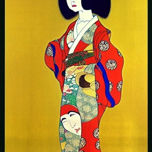 Retrato de cuerpo entero una Geisha Bella voluptuosa con kimono con el estilo de Gustav Klimt