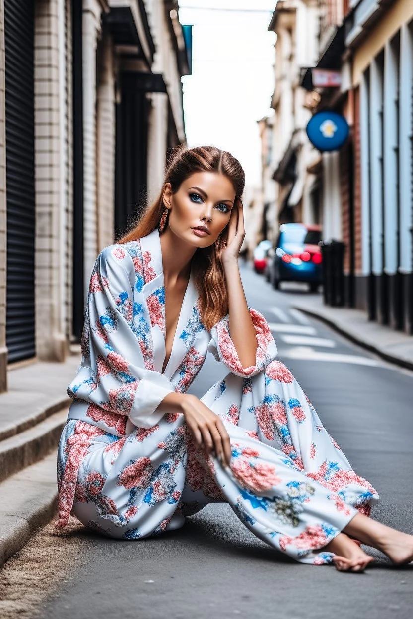 a supermodel in designer sleepwear sitting on street for magazine cover photoshoot