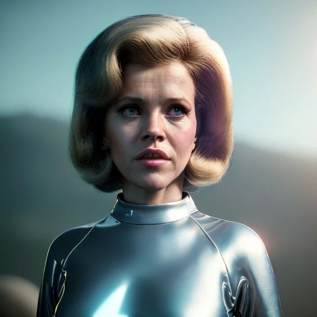 Ultra Realistic retro sci-fi portrait image from 1960, spaceship, sweet young Jane Fonda, dress with tight latex suit, lightsaber, soft color, highly detailed, unreal engine 5, ray tracing, RTX, lumen lighting, ultra detail, volumetric lighting, 3d, finely drawn, high definition, high resolution.