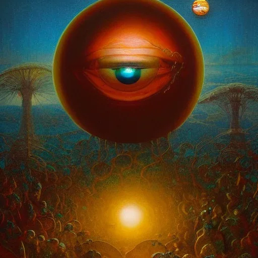 realistic extremely detailed image of big eye in glass sphere ##floating in the air## surrounded by DMT elfs by Karol Bak, Greg Hildebrandt, and Mark Brooks, Neo-Gothic, intricate, surrealism, science fiction, rich deep colors. by Goro Fujita and Simon Stalenhag, Beksinski, 8k masterpiece