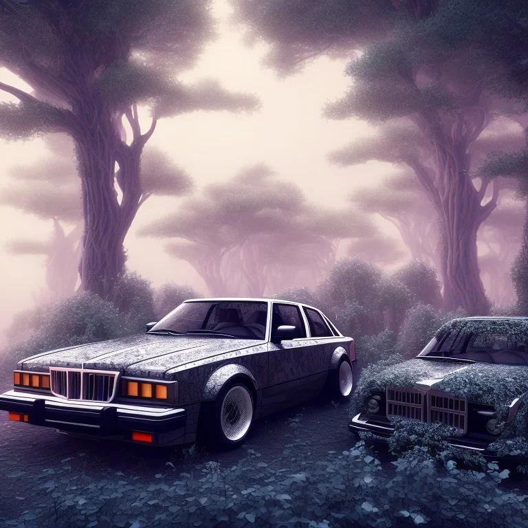 1980's aesthetic vaporwave wood trees with spheres and car clasic and balck car low intricate detail intricate detail