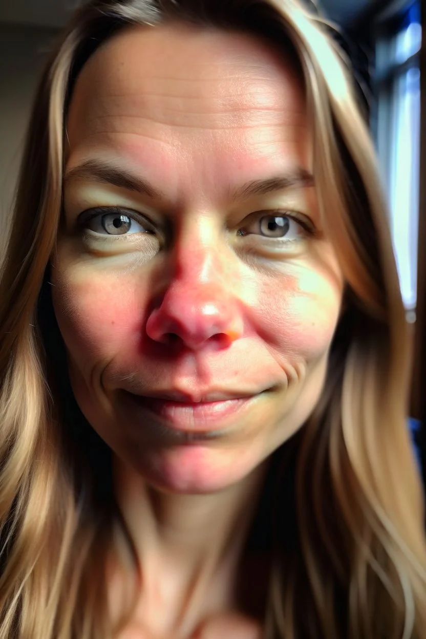 A selfie of a woman, middle blond hair, showing a 31-year-old European woman. She has brown hair, face without makeup, cute nose, detailed full lips, skin texture. Natural lighting and low contrast. Face framed.