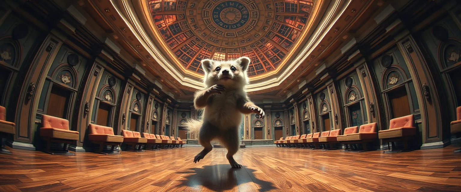 pin hole cam, fluffy mean wolf alien gremlin badger star ship bridge captain dancing in a big hall in the style of Rembrandt and Escher and Dali