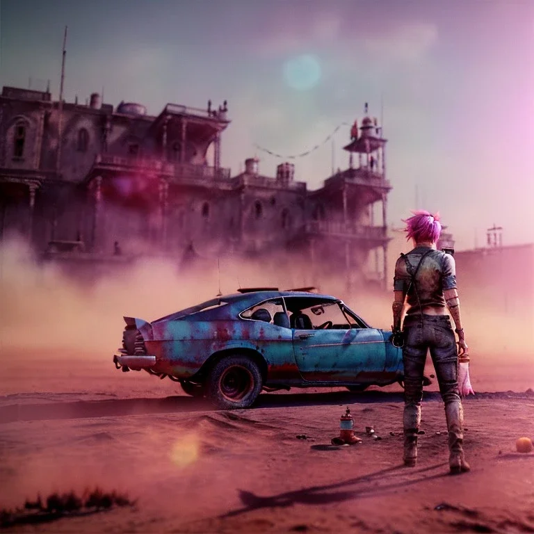 Ultra Realistic photo, medium shot view, drunken women, mad max scene, sexy steampunk. Pink hair, confeti, Sunglasses, smoking, happy, festival, red fog. highly detailed, concept art, unreal engine 5, ray tracing, RTX, lumen lighting, ultra detail, volumetric lighting, 3d, finely drawn, high definition, high resolution.