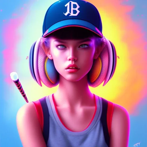 a girl wearing a baseball cap holding a small boombox in her hand, full shot. paint splashes, outrun, vaporware, shaded flat illustration, digital art, trending on artstation, highly detailed, fine detail, intricate