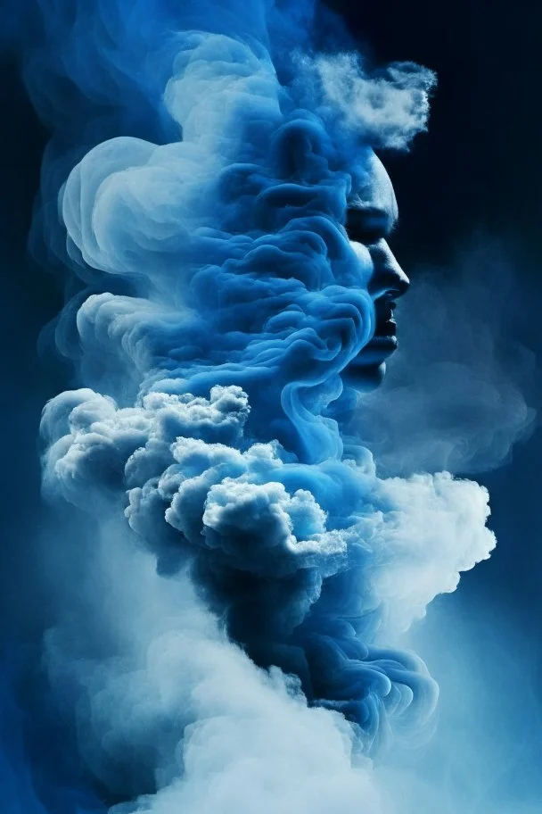 blue smoke in a shape of a person cloud air elemental