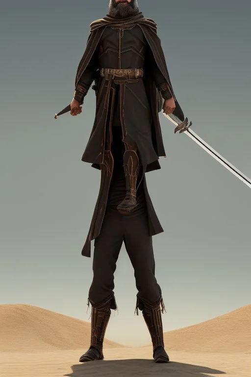 farsi man is the god of power and evil The commander wears a black cloak and a long coat with long combat boots and a long spear with a hat under his cloak with blue flame eyes, a sword like a spear The sun in the palm of a brave man in the middle of the desert A battle iron suit with the ability to fly, made for humans