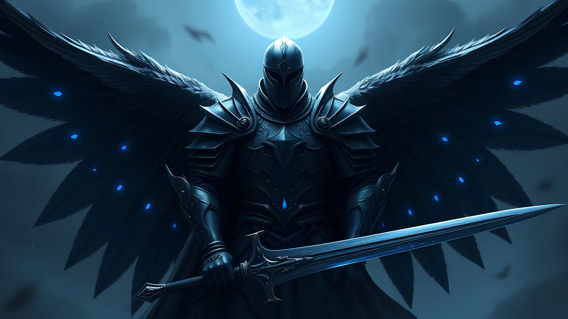 An aasimar knight with black wings, no helmet. He has big dark armour with blue lights. He also has a big longsword.