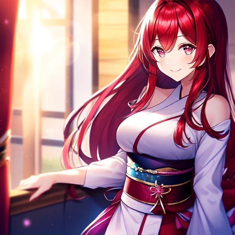 girl, masterpiece, best quality, volumetric lighting, detailed outfit, perfect eyes, long hair, red hair, pink eyes, lens flare abuse, obi, smile, indoors,