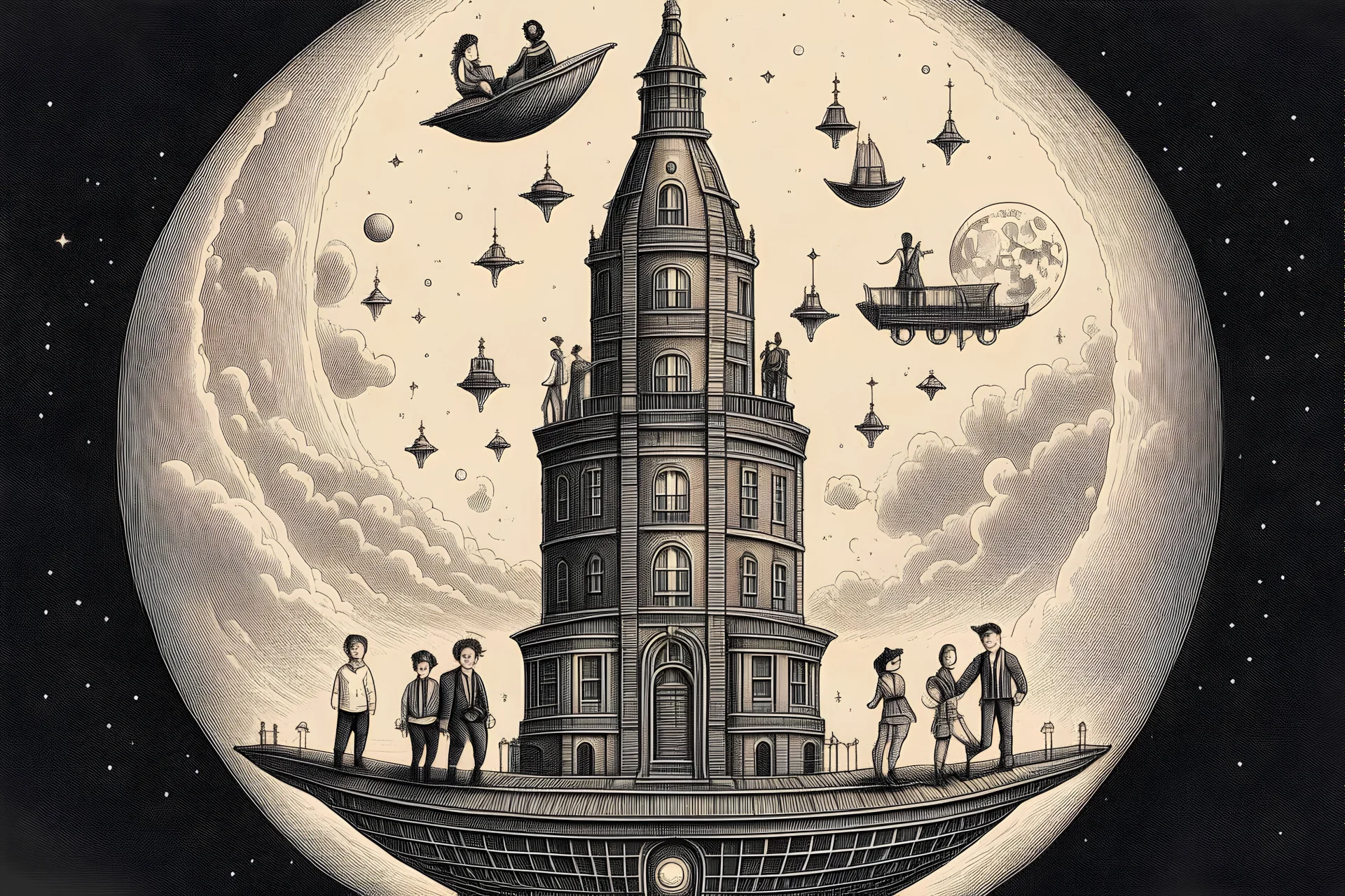 1800's art style, people on top of a rocketship to the moon