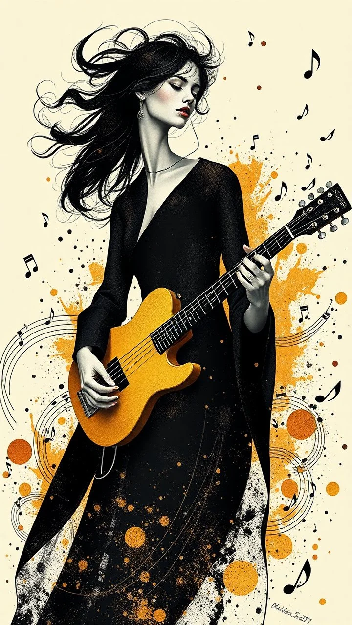 minimalism,Abstract black and gold minimalism geometric surreal beautiful fashion portrait playing the guitar ,splash art explosion,minimalist surreal surrounding music notes background,surreal lonely depth,deep soul spirit,fantasy surreal geometry,flat,utopia,album art,cover art,album cover,cinematic,8k,epic movie still,sharp focus,by Gustav Klimt,pascal blanche,rutkowski,repin,artstation hyperrealism painting concept art of detailed character,design matte painting,leaf,