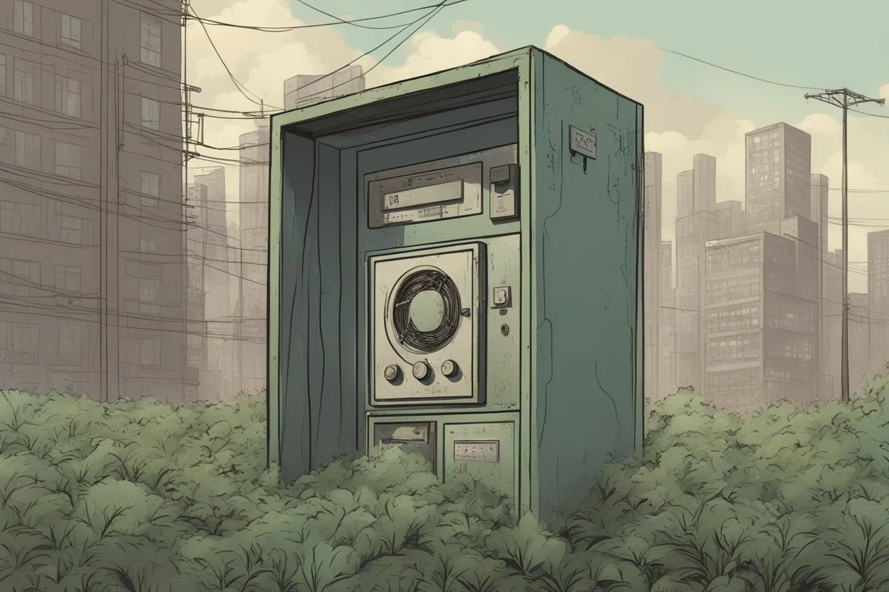 , electrical box, overgrown, post-apocalyptic, comic book, city background