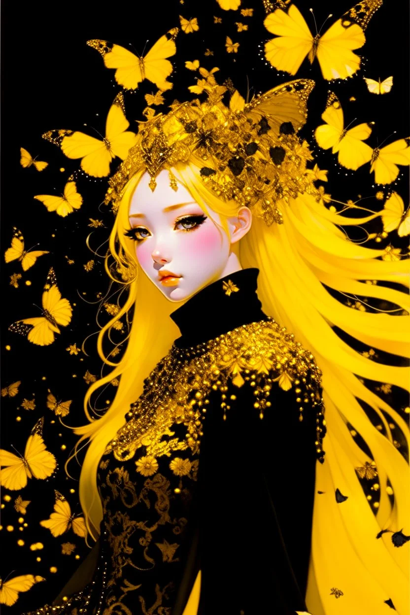 style of Yoshitaka Amano ~ Butterfly Empress, long huge flowing gold hair, yellow eyes. dressed in a cosmic gold plated Armor made of gold butterflies. standing in a room made of butterflies. surrealist. Shades of luminous black and yellow piercing shadow, reminiscent of Beuys and Qian Xuan.