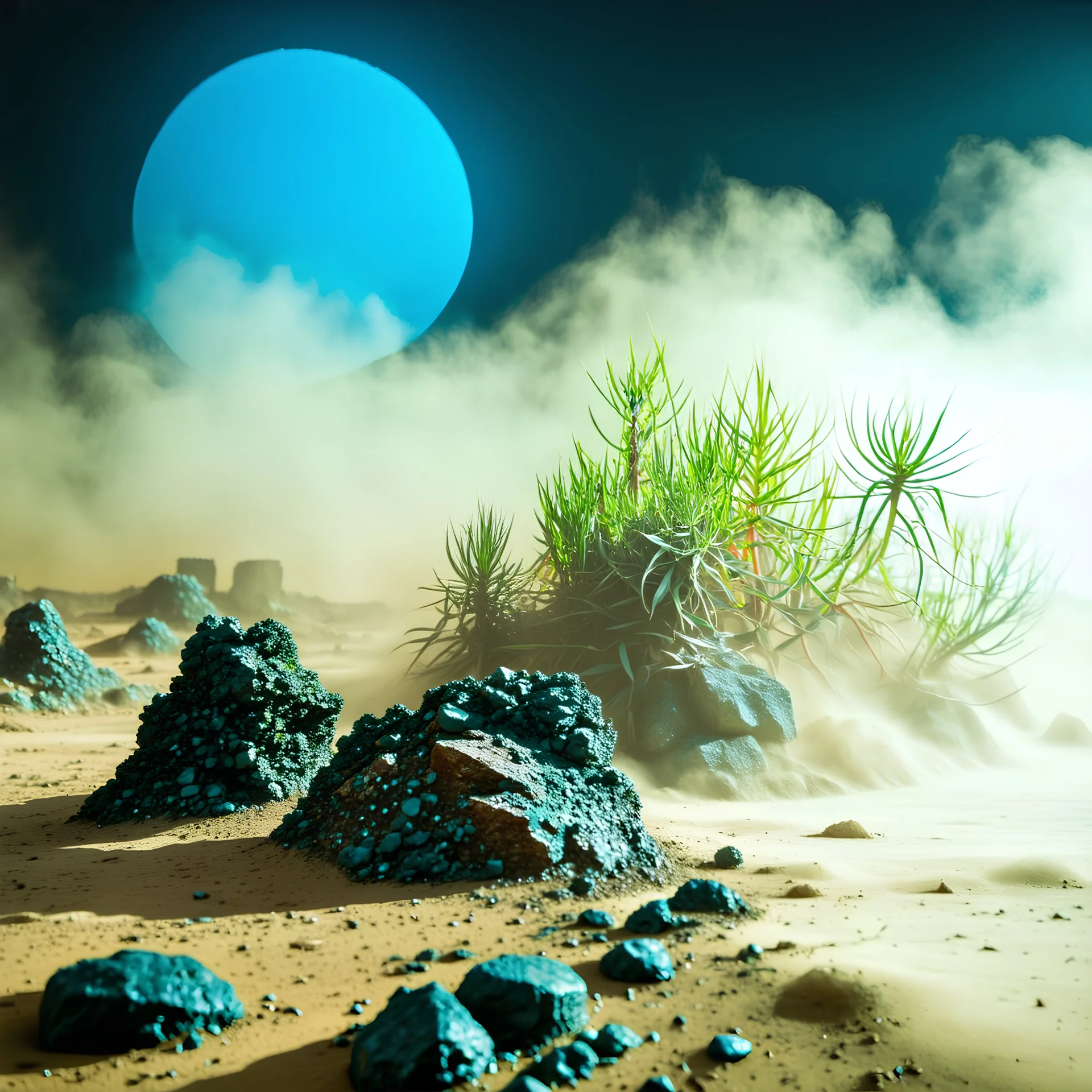 A striking quality Kodak photograph captures a wasteland with liquid and group of plants, creepy, details of the dust very accentuated, glossy organic mass, adorned with minerals and rocks. Bathed in intense light, eerie, Max Ernst style, blue sun, fog