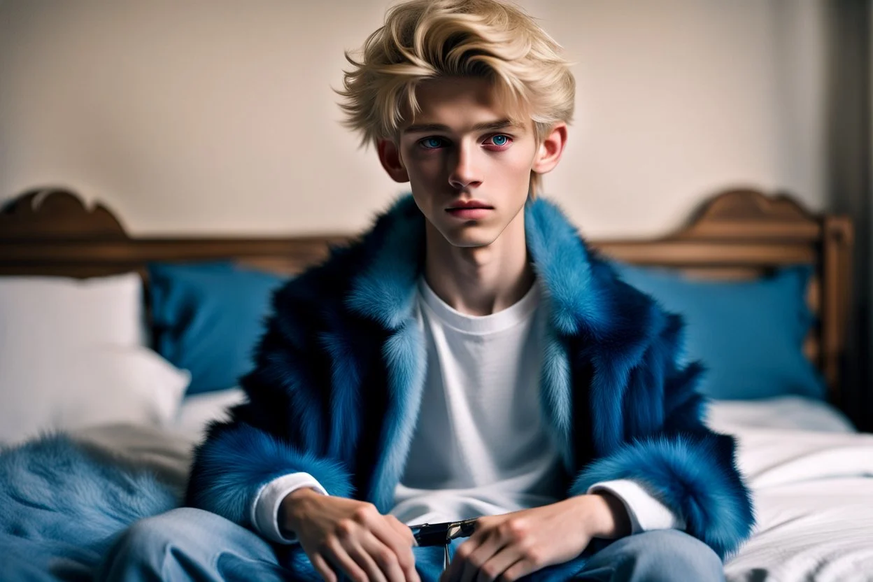 Hyperrealistisch 16jähriger schlanker effeminierter blonder Junge mit hellblauen Augen, das Haar mit Gel nach hinten gekämmt, langer dunkelblauer Filzmantel, darunter weißes T-Shirt und Jeans, sitzt rauchend auf Bett