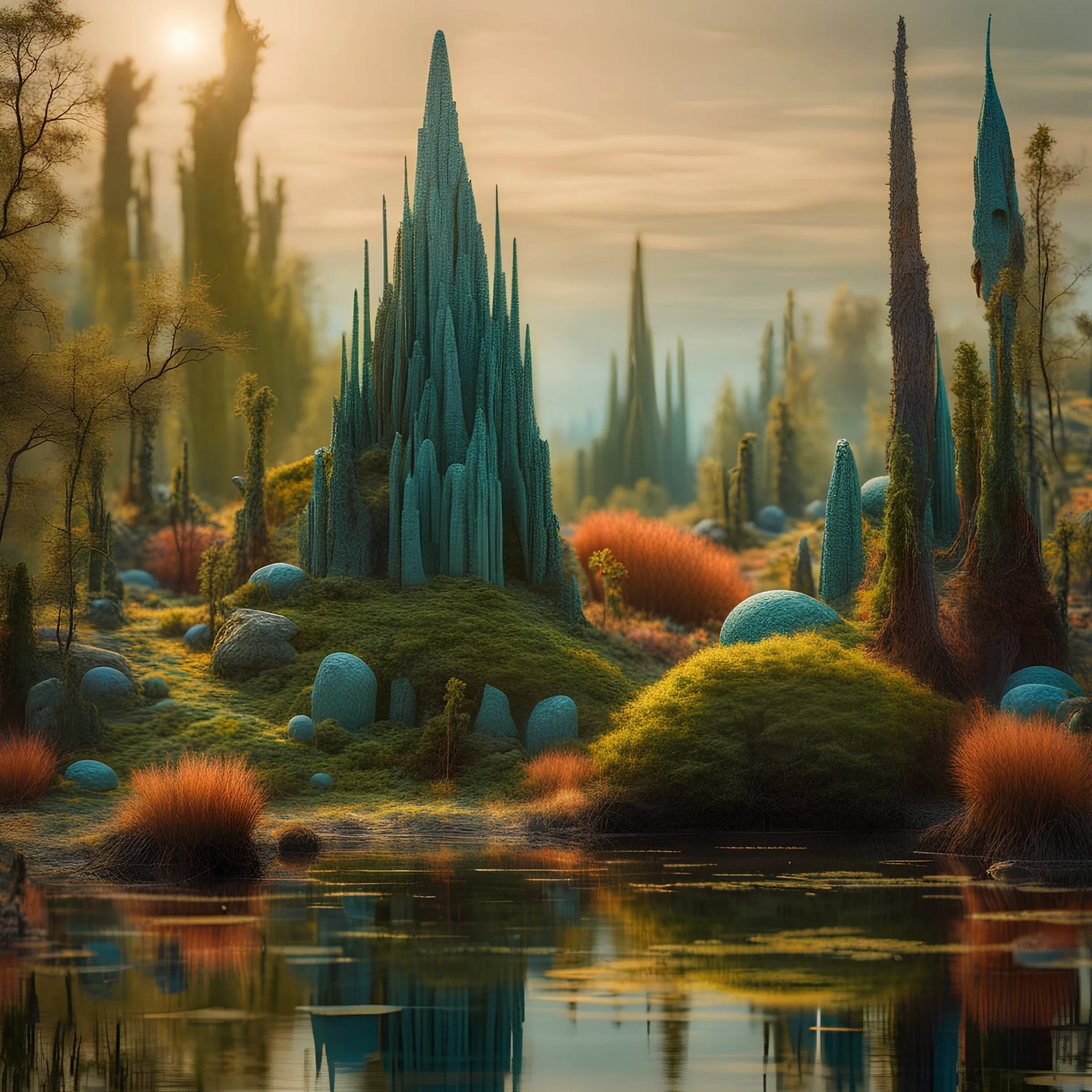 Odd swamp landscape with odd beings surreal abstract Max Ernst style, 120mm photography, sharp focus, 8k, 3d, very detailed, volumetric light, grim, fine art, very colorful, ornate, F/2.8, insanely detailed and intricate, hypermaximalist