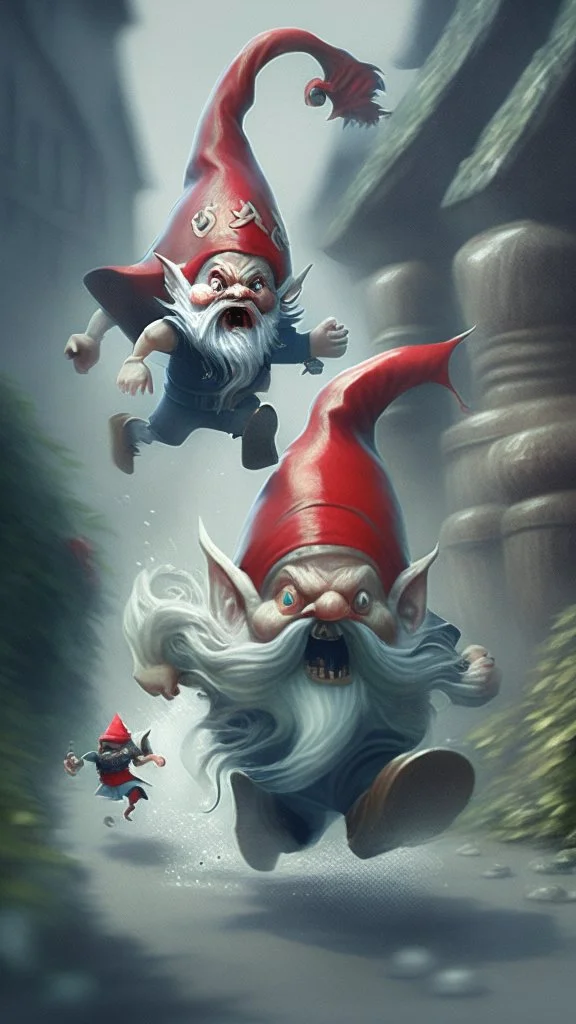 gnome running away from a hydra