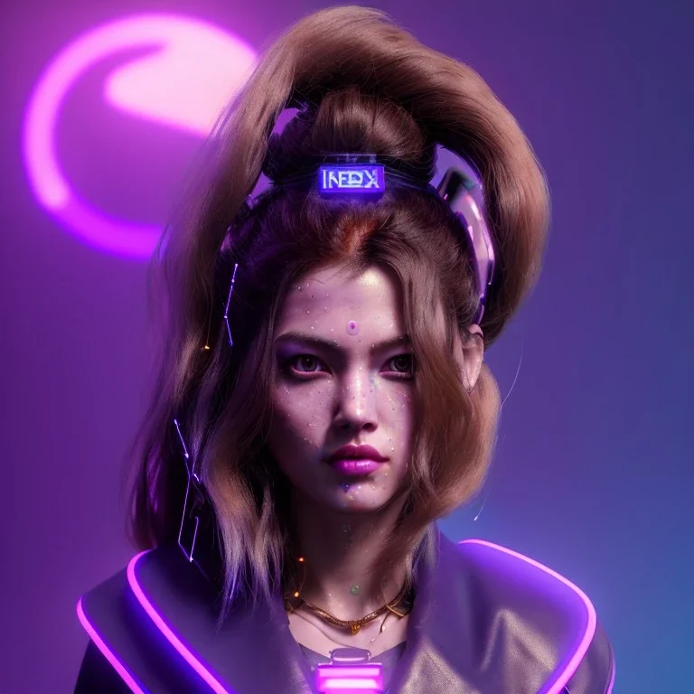 Pretty cyber woman, purple hair, sci-fi, rounded face, black, gold, brown, geisha style, simetric, neon style, a lot of led lights, fog, rain, leather coat, vibrant color, highly detailed, art stations, concept art, smooth, unreal engine 5, god rays, ray tracing, RTX, lumen lighting, ultra detail, volumetric lighting, 3d, finely drawn, high definition, high resolution.