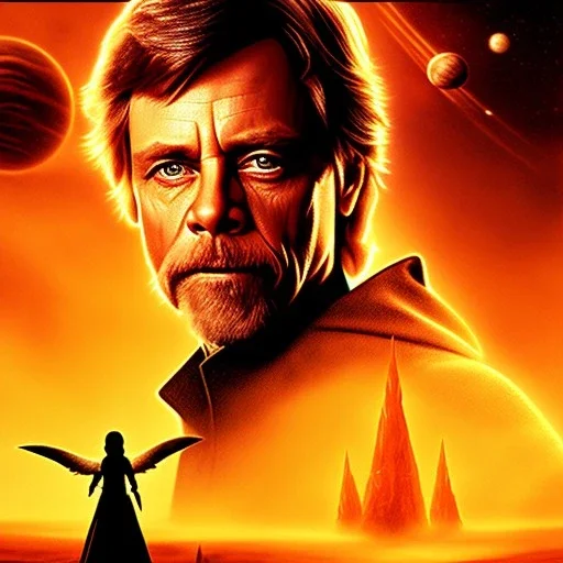 digital art portrait of (Mark Hamill as Luke Skywalker) ((dressed in plain jedi tunic)), surrounded by 100 planets, ultra-detailed, ultra quality illustration, eerie atmosphere, 8k, cinematic lighting