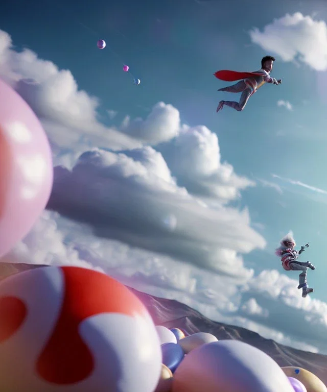 Ultra realistic speed clouds sky scene, wide angle view, strong men falling down with many Childs, circus clothing style, feather color clothing, free jumping flying, many trinkets, hair monster, many jelly beans, balls, color smoke, smile, happy, extreme, wind, clouds sea, 20,000 feet altitude, stratosphere, soft color, highly detailed, unreal engine 5, ray tracing, RTX, lumen lighting, ultra detail, volumetric lighting, 3d, finely drawn, high definition, high resolution.