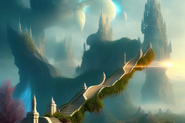 mythical mystical long stairway up to heaven in the sky, otherworldly atmospheric mist, beautiful colours, fine art, trending on artstation, masterpiece