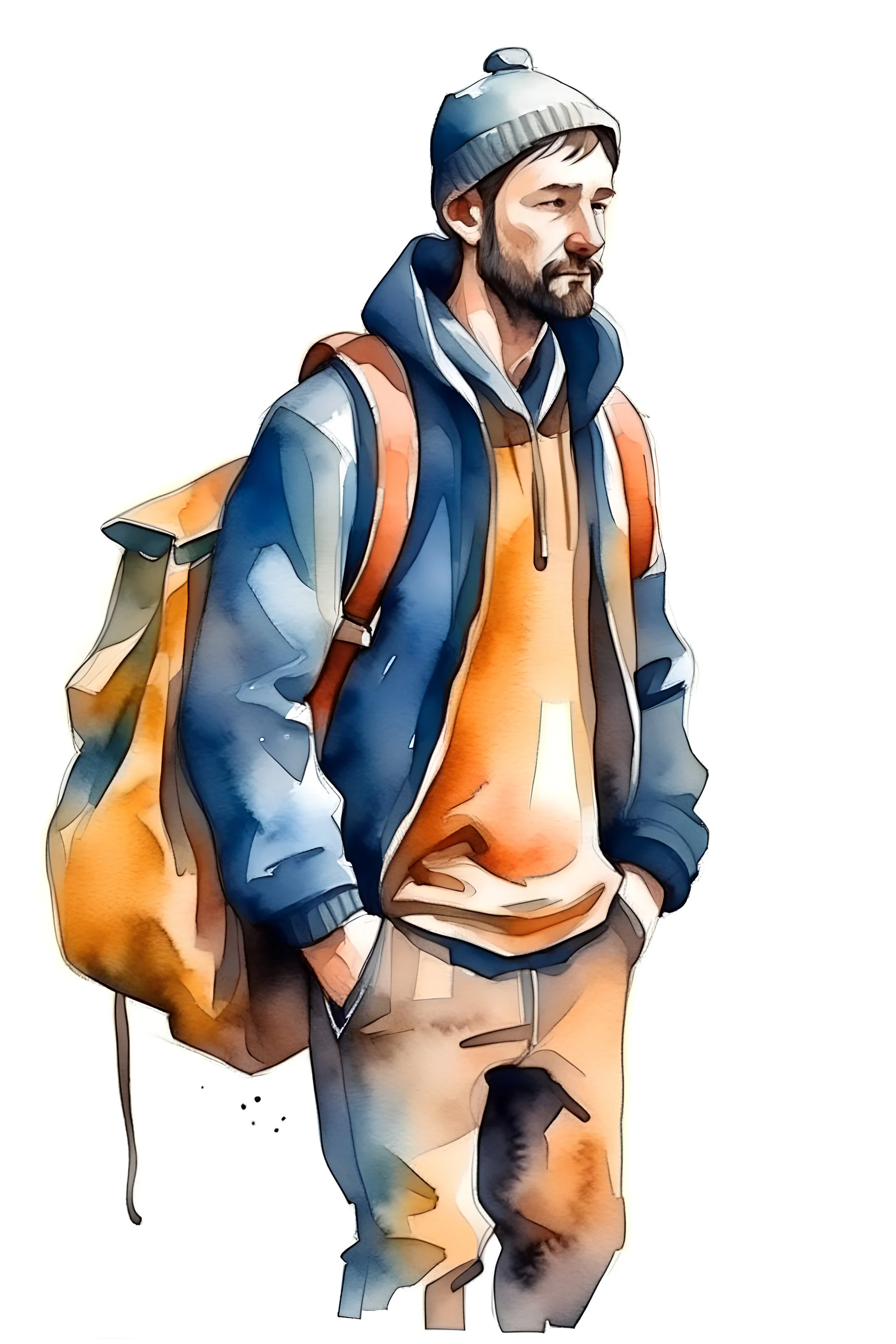 a man with a bag in his hand. watercolor drawing.