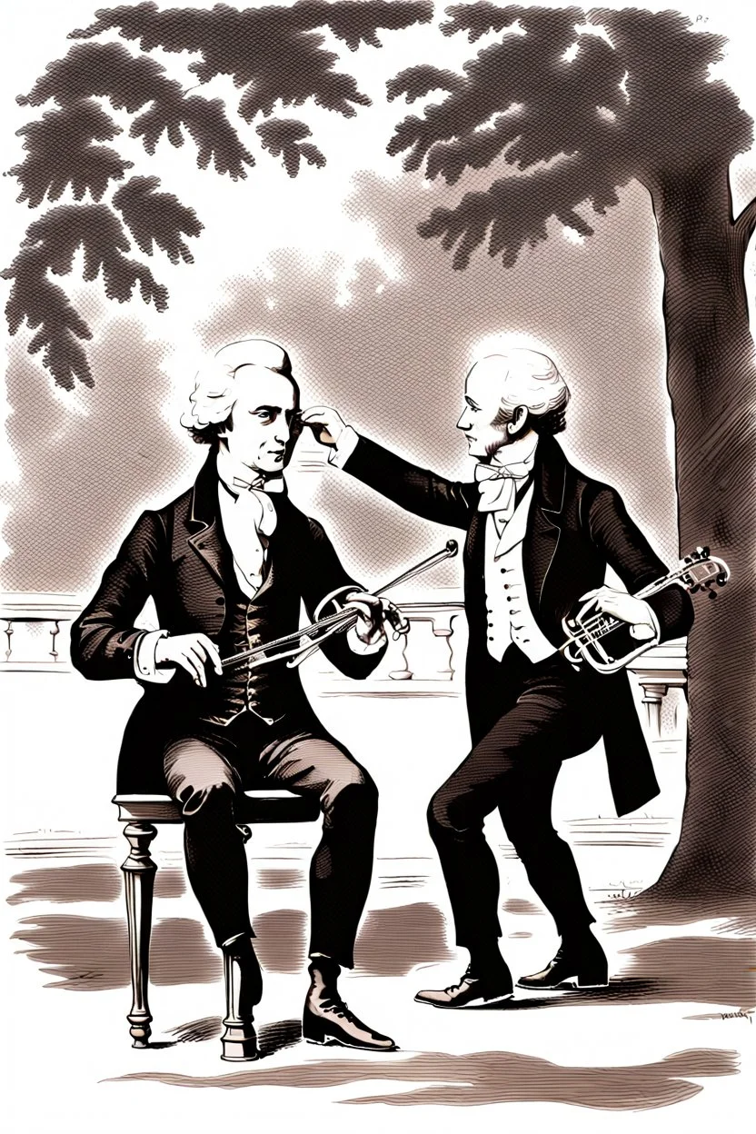 Mozart and Tchaikovsky jamming in a park bandstand