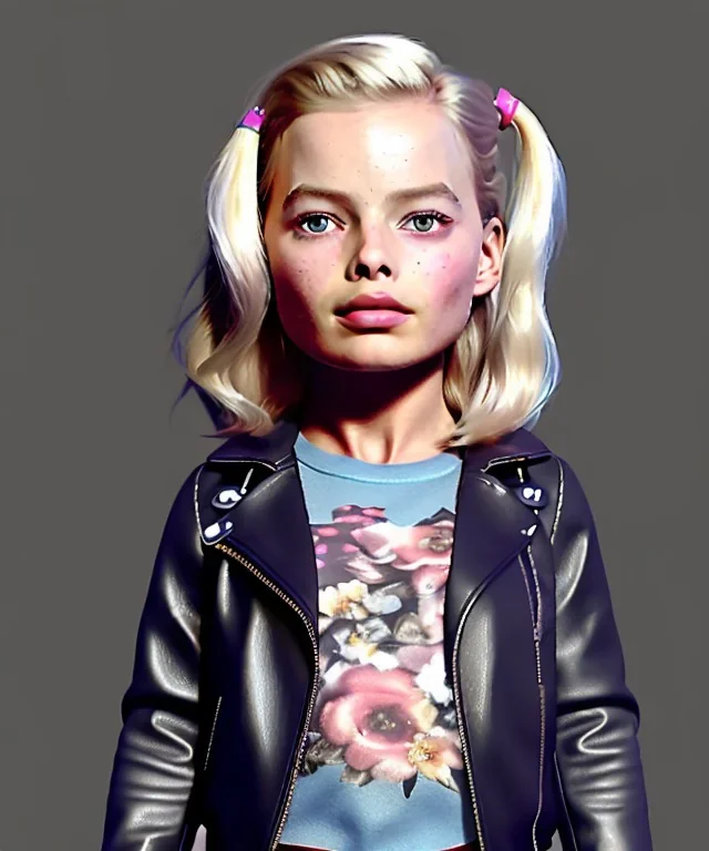 Margot Robbie toddler, full body, sneaker, leather jacket, floral shirt, soft skin, dramatic lighting, hyper realistic