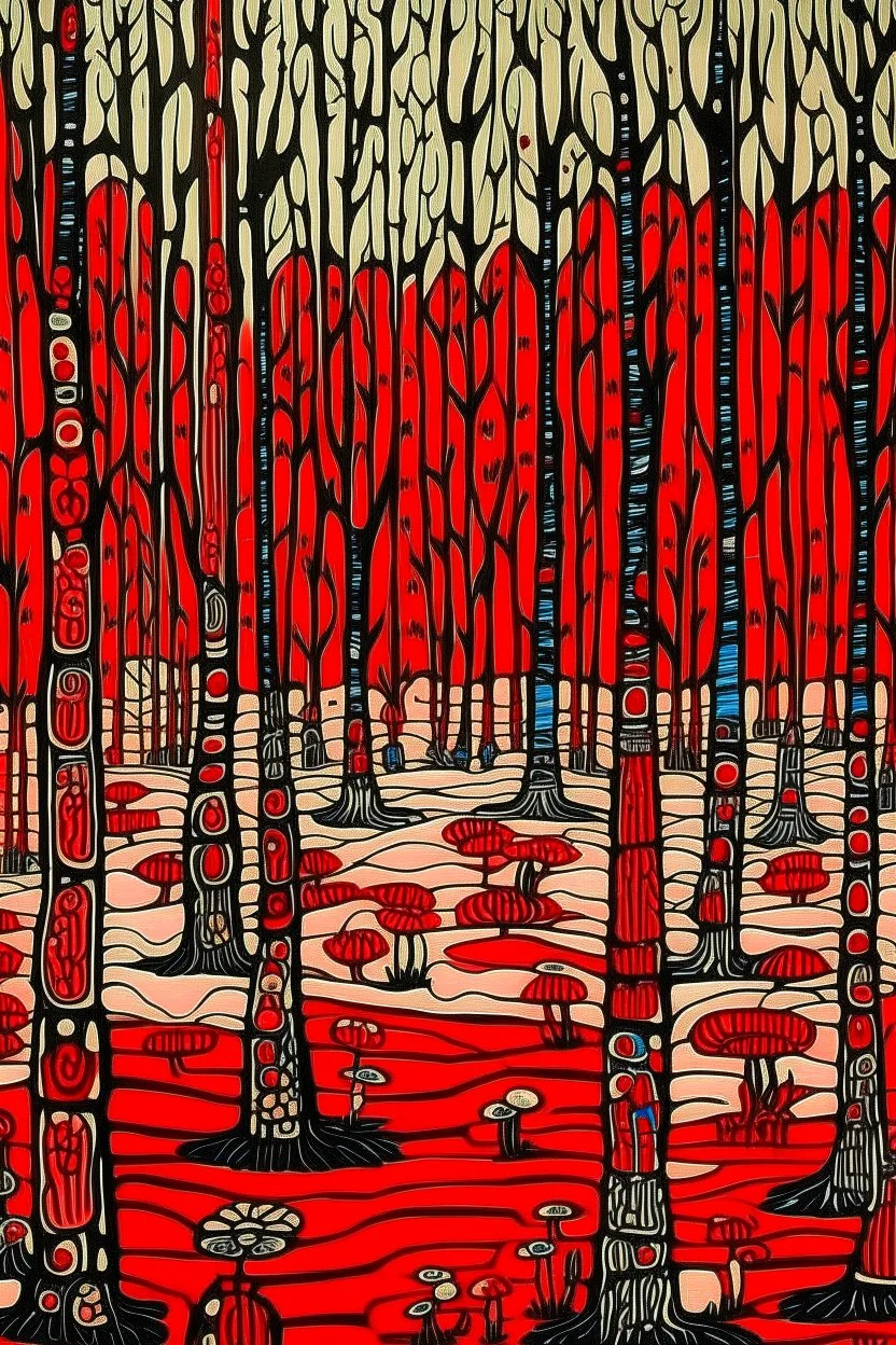 A red savanna with tall trees designed in Matryoshka dolls painted by Jean Dubuffet