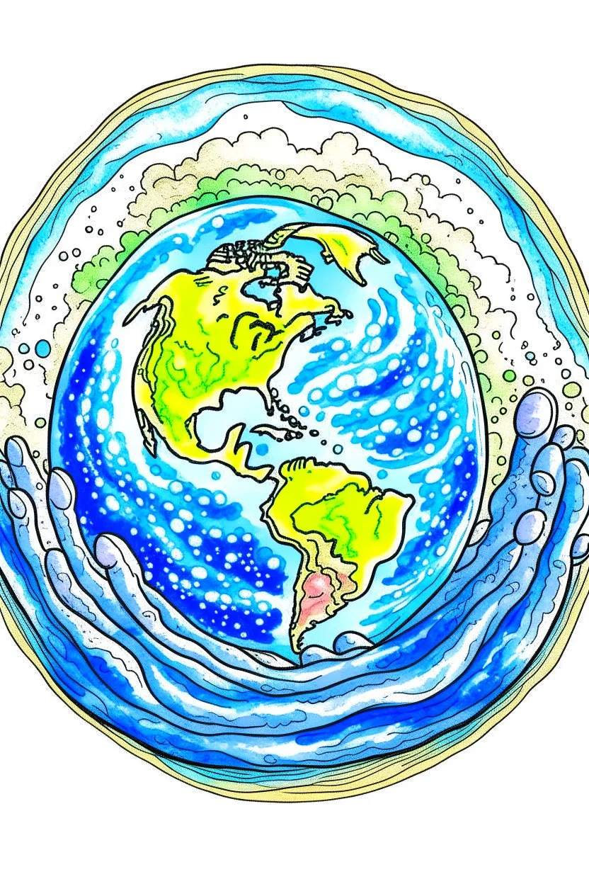 Hand painted of the Earth covered in a giant bubble cartoon