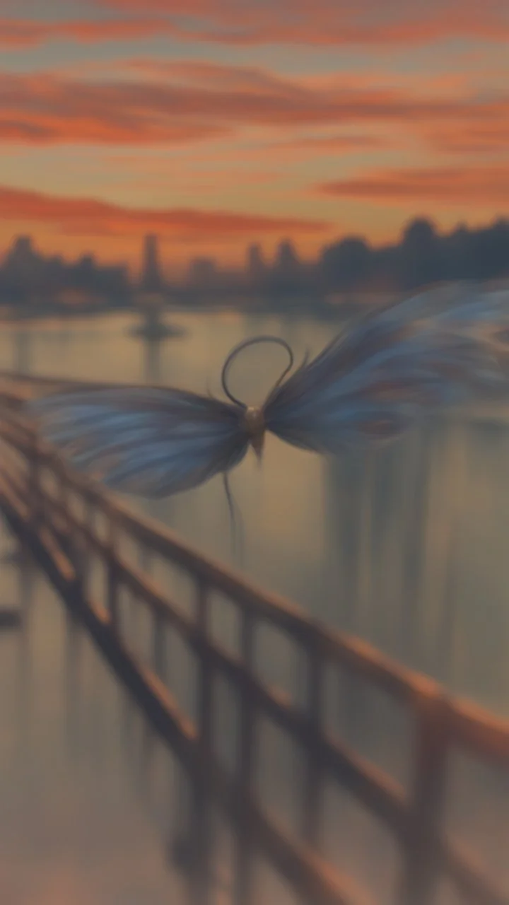 portrait up close with transparent angel wings like a butterfly on a bridge at sunset, a more intense "scream" mask from the horror movie, that looks like the original painting by Edvard Munch, bokeh like, down-light, unreal engine, prize winning