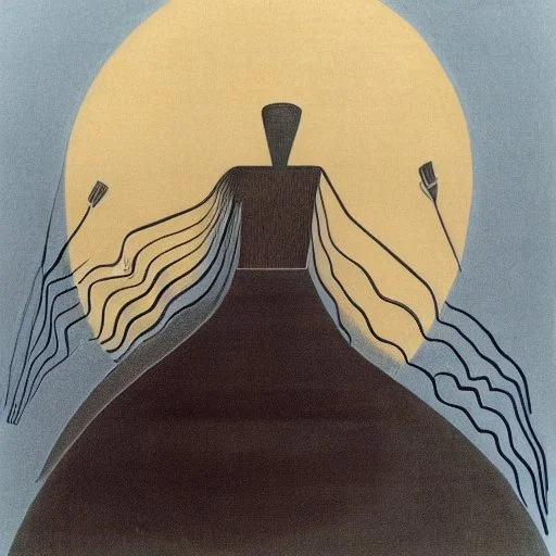 drawn in single line by Nicolai Blatter with hatch with parallel wavy lines metal engraving with african man dance procession in salvador dali style or picasso style