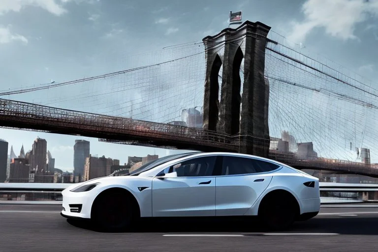 A Tesla's 'Model S' is drifting at top speed, on the 'Brooklyn Bridge' in New York. CINEMATIC. WIDE ANGLE LENS. PHOTO REAL.